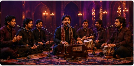 Qawwali band performing live with harmonium and tabla
